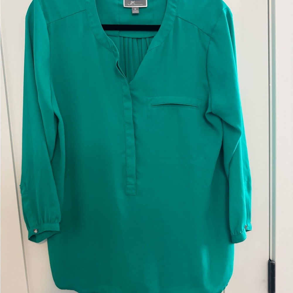 JM Collection Green 3/4 Sleeve Mandarin Collar Blouse